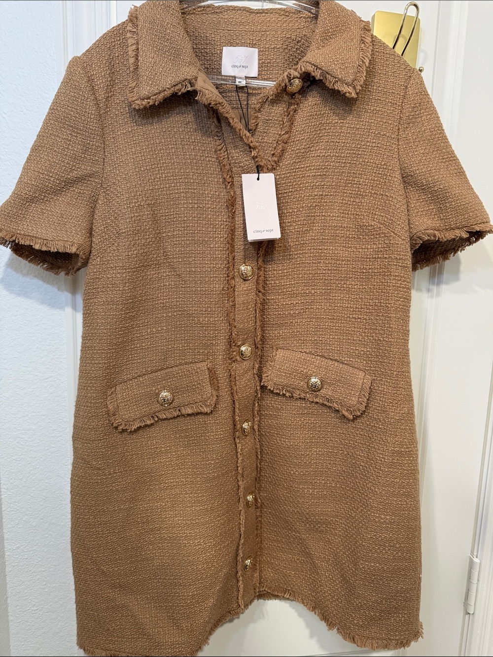 cinq a sept Frayed-Trim Tweed Shift Dress - Brown